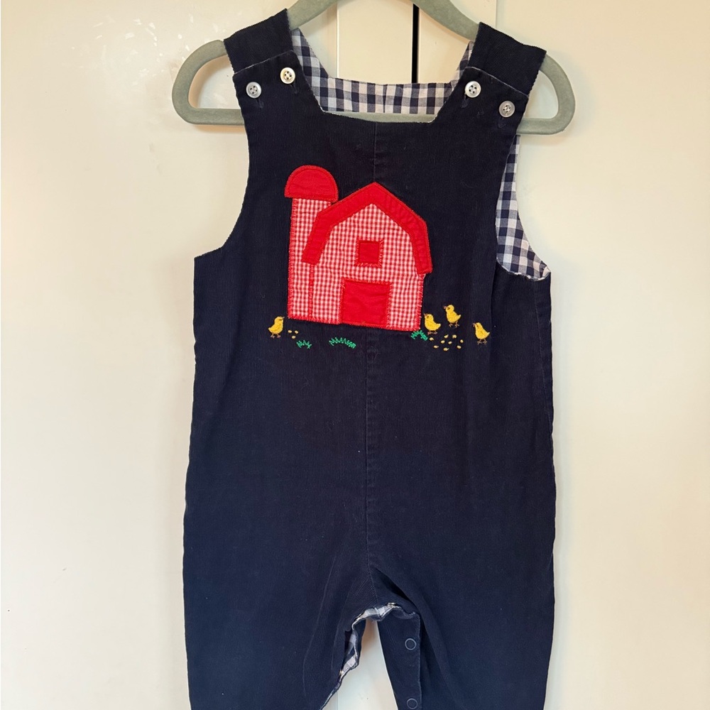 Bailey Boys reversible navy blue John-John jumpsuit with barn and tractor design